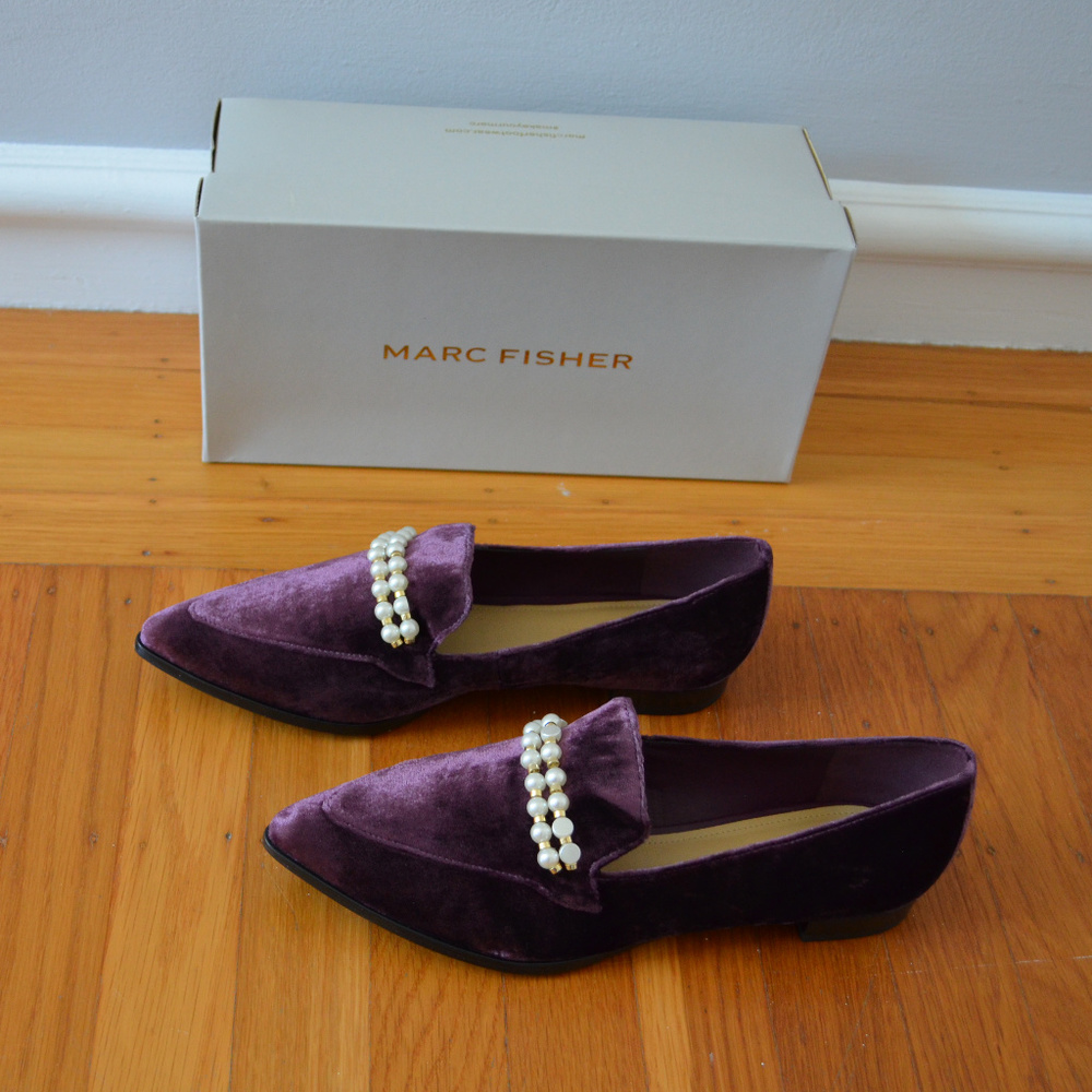 MARC FISHER Pearl Embellished Velvet Flat Shoes